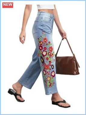 Cropped Straight Leg Jeans Mid Rise Floral Boho Ankle Denim
